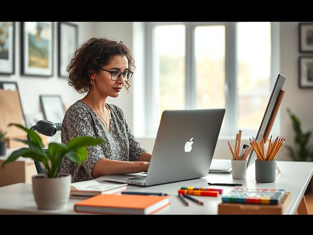 Create a realistic high-resolution photo featuring a single artist seated at a well-organized workspace, focusing intently on a laptop. The artist, a woman in her mid-30s with curly, dark hair, should radiate creativity and confidence. She is dressed casually yet stylishly, with an artistic touch, perhaps wearing a patterned blouse and accessorized with simple jewelry. 

The workspace should be minimalist and functional, displaying essential artistic tools such as sketchbooks, colored pencils, and a few vib