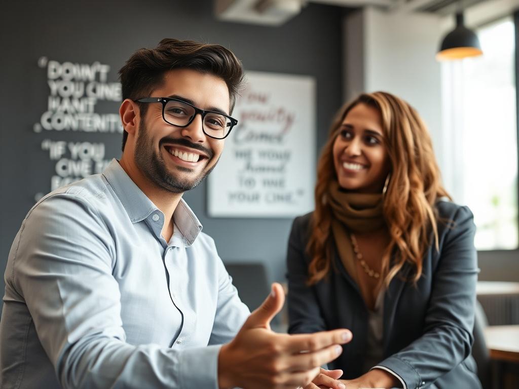 A close-up of a smiling executive engaging in a coaching session with a mentor in a modern office setting. The background features motivational quotes on the wall and an inviting atmosphere.