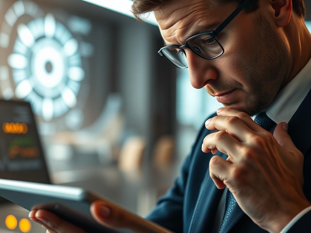 A close-up of a thoughtful executive pondering over a digital tablet displaying AI data insights. The executive's expression reflects deep contemplation, with a background of futuristic technology elements and soft lighting.