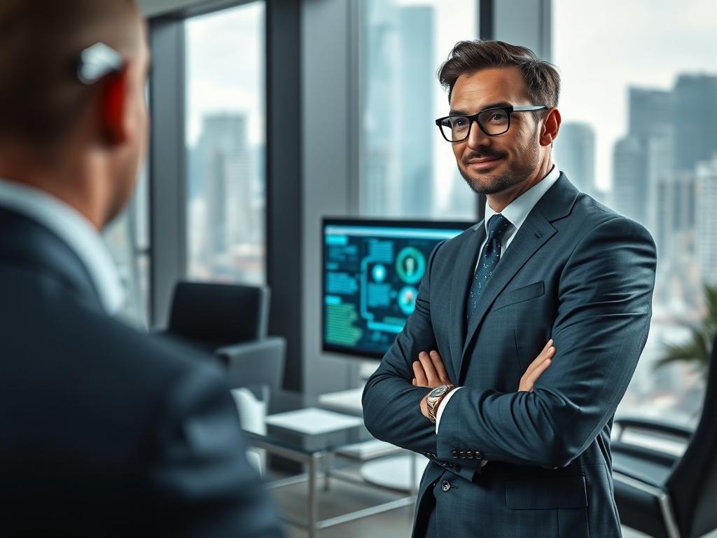 A close-up shot of a confident executive in a modern office, discussing AI strategies with an AI interface displayed on a screen. The background features sleek furniture and a city skyline through the window, showcasing a blend of technology and leadership.