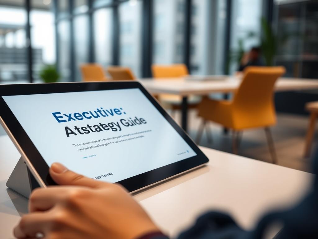 A realistic high-resolution close-up image of the Executive AI Strategy Guide displayed on a tablet. The background should be softly blurred to highlight the tablet, showcasing a modern office setting, captured with a 45mm f/1.2 lens style.