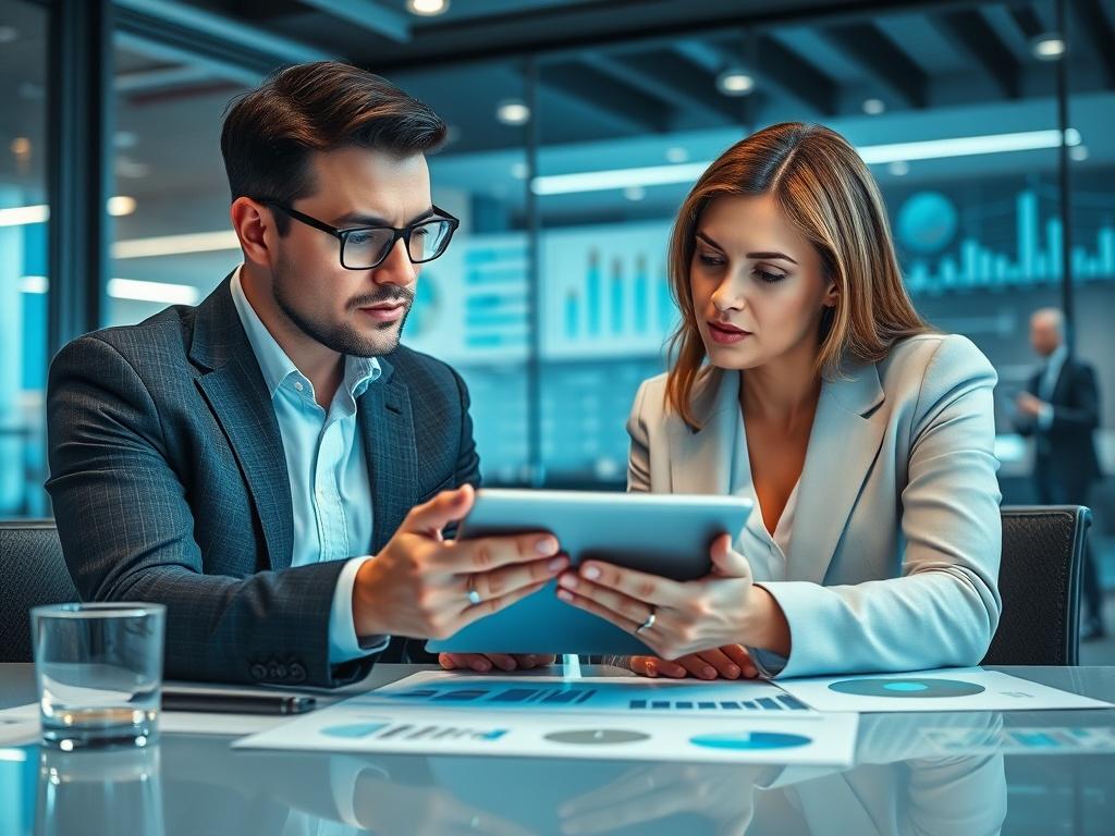 A professional consultant and an executive engaged in a strategic discussion over a digital tablet, illustrating AI strategies. The setting features a modern office environment with clear visuals of charts and AI data analytics. Soft blue lighting complements the RGB(40, 93, 225) primary color.