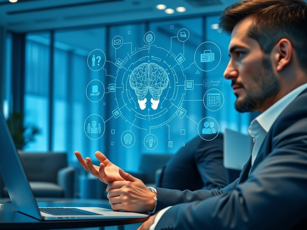 A close-up shot of a confident executive in a modern office setting, engaging in a brainstorming session with a digital interface displaying AI concepts. The background features sleek furniture and subtle technology elements, emphasizing a professional environment. The color theme includes blue tones that complement the RGB(40, 93, 225) primary color.