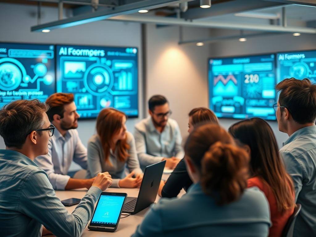 A dynamic workshop setting with team members engaged in interactive discussions, surrounded by digital displays showcasing AI tools and strategies. The atmosphere is collaborative and professional, with a focus on learning and innovation. The color palette includes shades of blue that harmonize with the RGB(40, 93, 225) primary color.