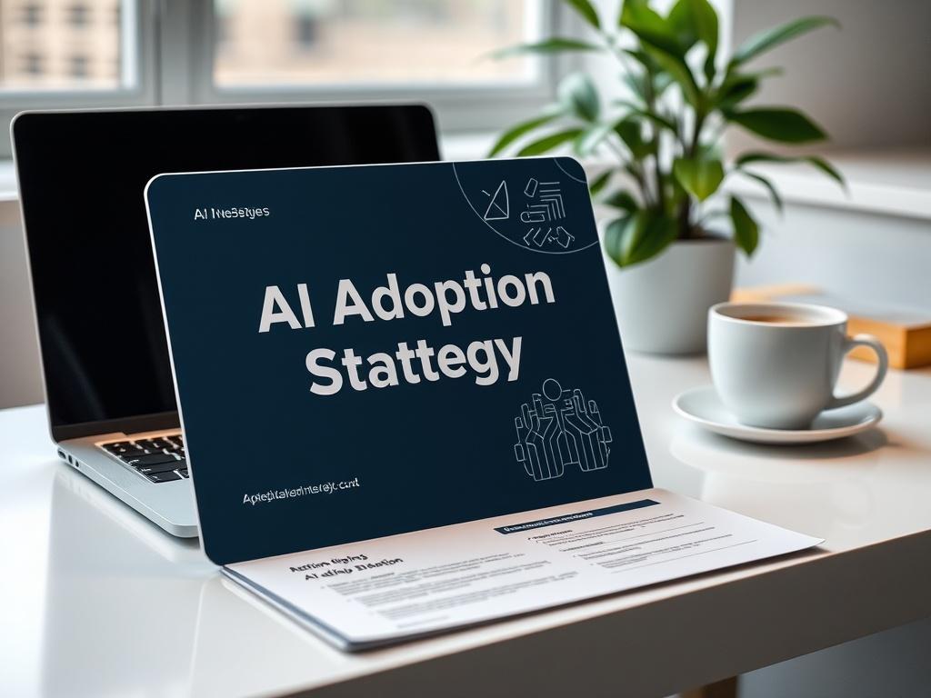 A hyper-realistic close-up shot of a printed AI Adoption Strategy Template displayed on a clean, modern desk. Accompanying the template are a laptop and a cup of coffee, with a plant in the background adding a touch of greenery. The scene is well-lit, creating a professional yet approachable vibe.