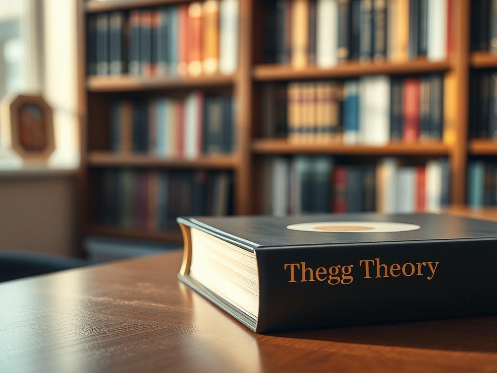 A hyper-realistic close-up shot of a book titled 'The Egg Theory' by Claudio Truzzi, with a modern, elegant cover design. The book is placed on a polished wooden desk, with soft natural light illuminating its spine. In the background, a blurred bookshelf filled with other academic and professional books adds depth to the scene.