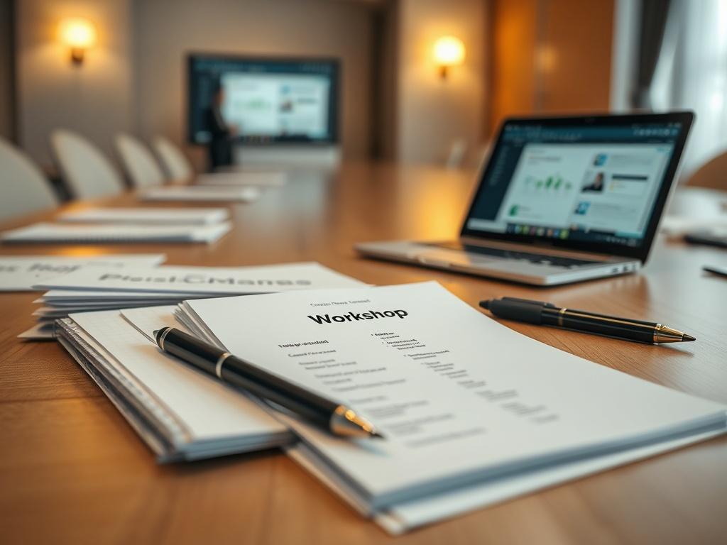 A hyper-realistic close-up shot of a workshop materials package, including printed guides, pens, and an agenda. The materials are neatly arranged on a conference table, with a laptop displaying a presentation in the background. Soft, warm lighting creates an inviting atmosphere, emphasizing collaboration.