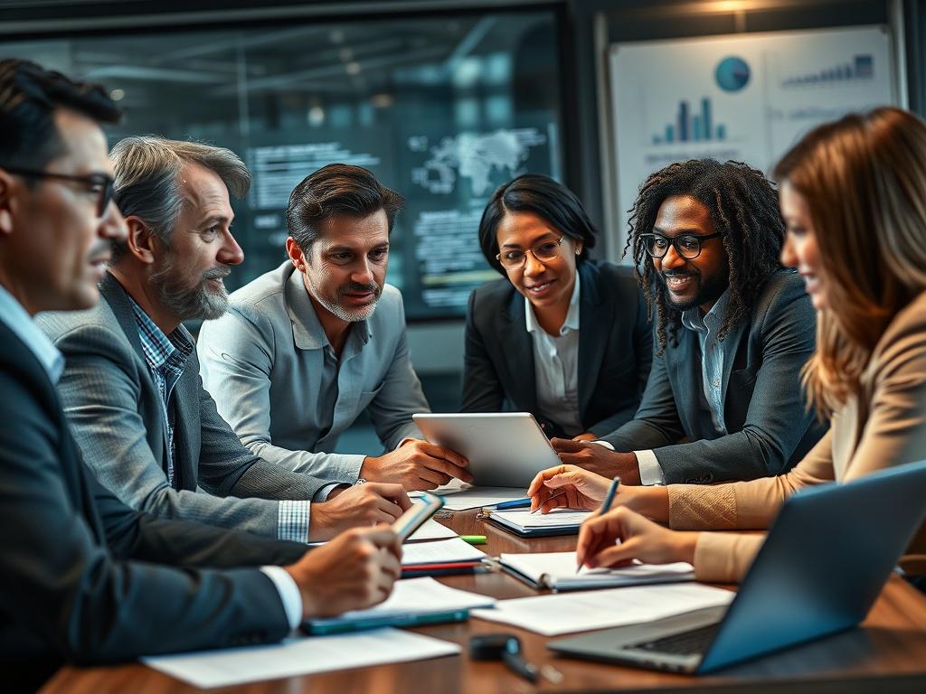 A focused meeting scene with a diverse group of executives