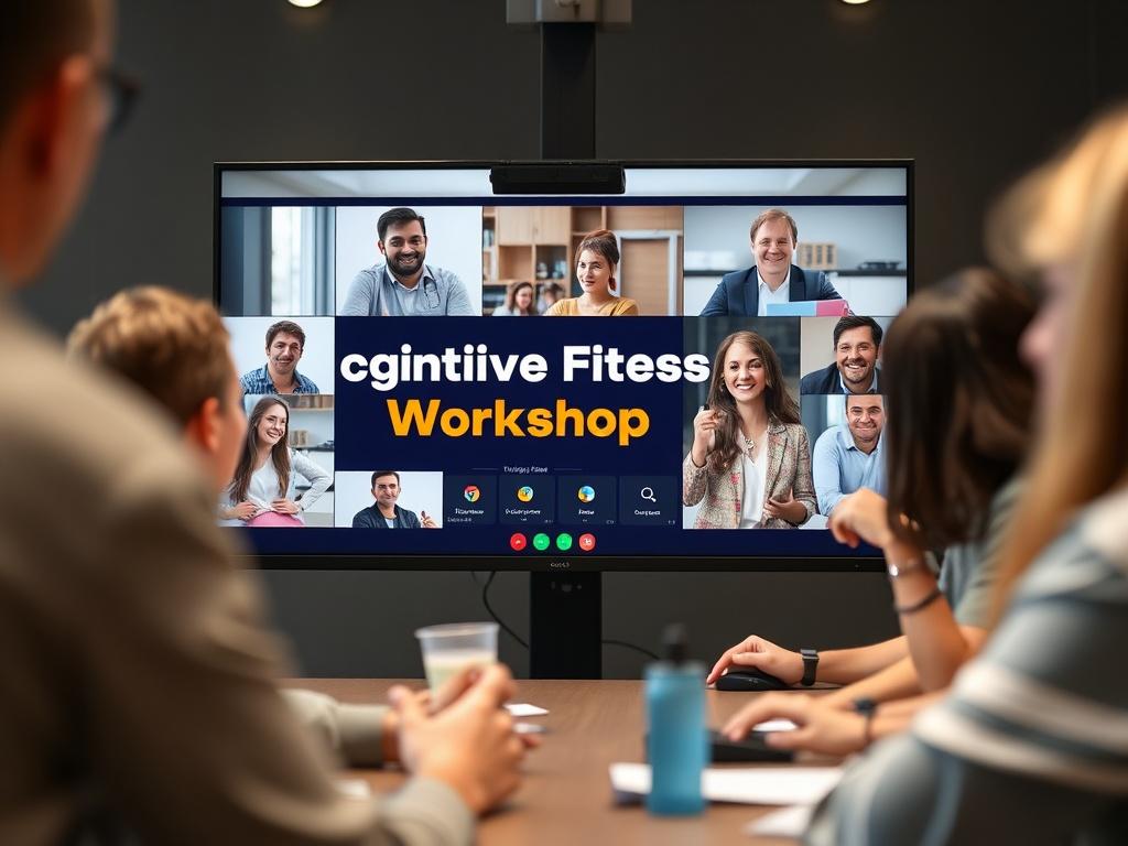 A hyper-realistic close-up shot of a virtual workshop setting, featuring a digital screen displaying 'Cognitive Fitness Workshop' with vibrant visuals and interactive elements. The background captures a diverse group of engaged participants on a video call.