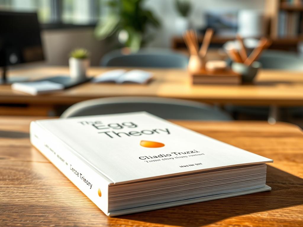 A hyper-realistic close-up shot of the book 'The Egg Theory' by Claudio Truzzi, placed on a wooden desk with a soft-focus background of an office setting. The book cover features a simple, elegant design with a prominent title text. Natural lighting highlights the textures of the book cover and the desk.
