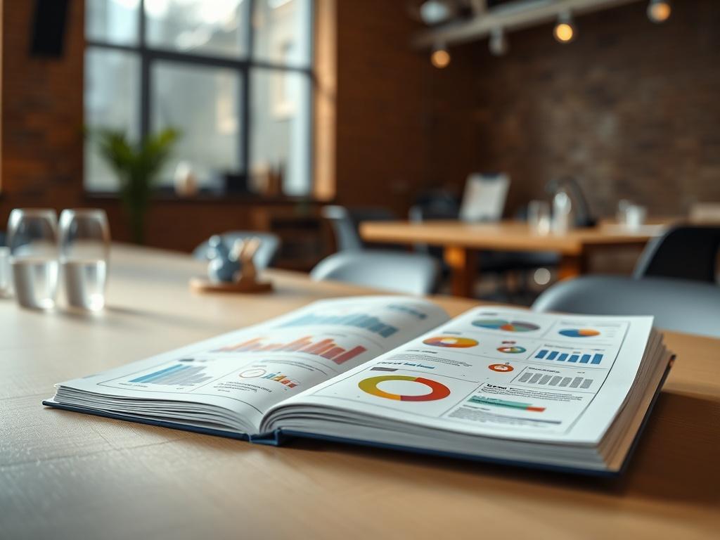 A high-resolution image of an open workshop guide on a conference table. The guide features colorful charts and diagrams, with a background of an engaging workshop setting. Soft natural light streams in through a window, creating an inspiring atmosphere.