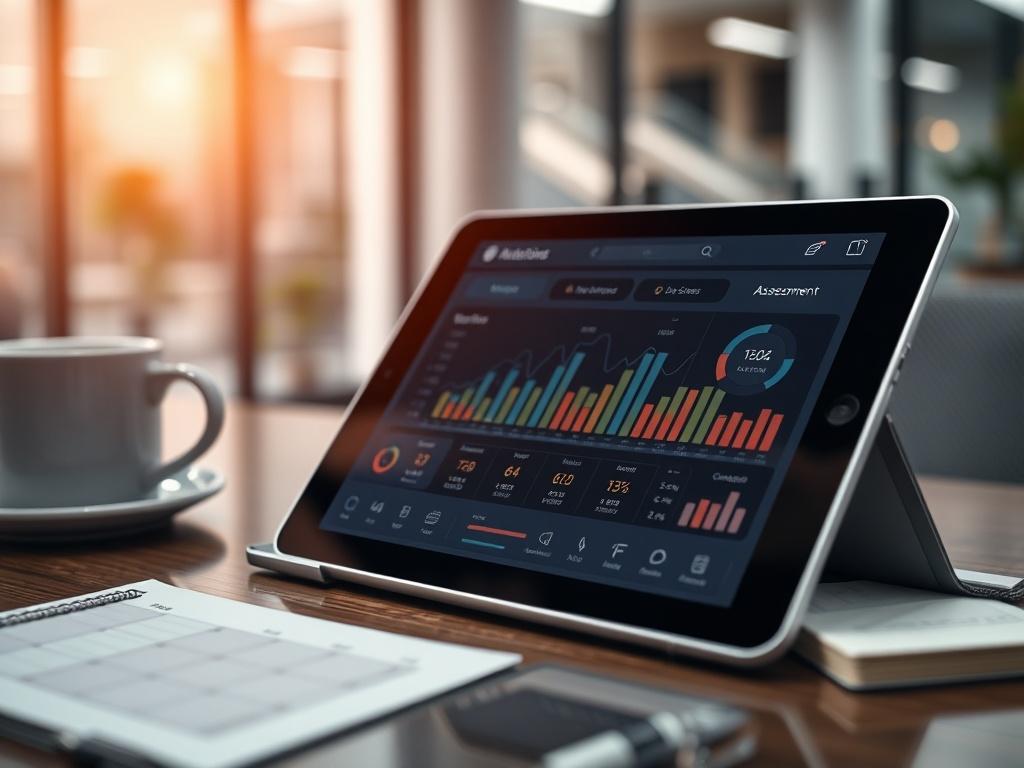 An artistic close-up of a digital assessment tool displayed on a tablet, with metrics visible on the screen. The tablet is placed on a stylish desk, surrounded by notes and a coffee cup. The background features a blurred, modern office environment.