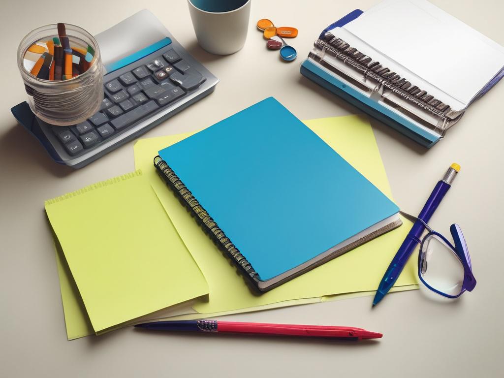 high resolution of a minimalist desk with a notebook, pen,