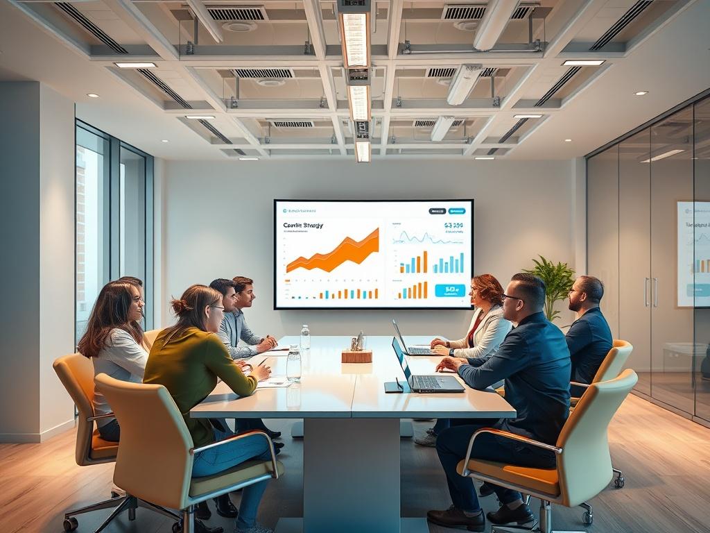 A dynamic meeting room with entrepreneurs collaborating on growth strategies. The room features a large conference table with charts and graphs displayed on a screen. Participants are engaged in discussion, showcasing a diverse group of professionals sharing ideas and insights. Bright lighting and modern decor create an inspiring environment conducive to innovation and collaboration. The overall atmosphere conveys ambition and focus on business growth.