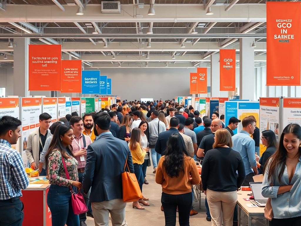 A community event showcasing diverse entrepreneurs networking and sharing ideas. The setting is a spacious venue with booths and displays highlighting various businesses. Attendees are engaged in conversations, exchanging contact information, and collaborating on projects. The atmosphere is friendly and supportive, emphasizing community spirit and entrepreneurship. Bright banners and promotional materials reflect the diverse range of businesses represented, creating an inclusive environment.