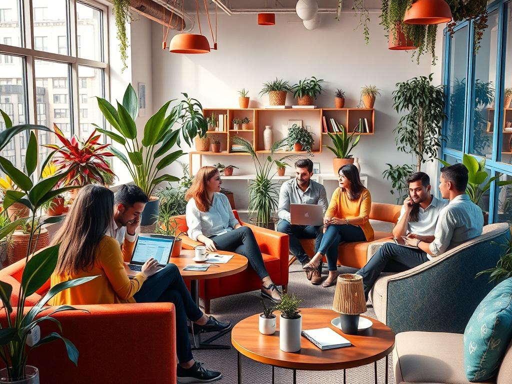 A vibrant coworking space filled with diverse individuals engaging in discussions and brainstorming sessions. The atmosphere is lively, showcasing modern furniture and creative decor, with plants and natural light enhancing the environment. The focus is on collaboration and innovation, with a mix of laptops, coffee cups, and notepads visible in the scene. The overall color palette is warm and inviting, emphasizing productivity and creativity.