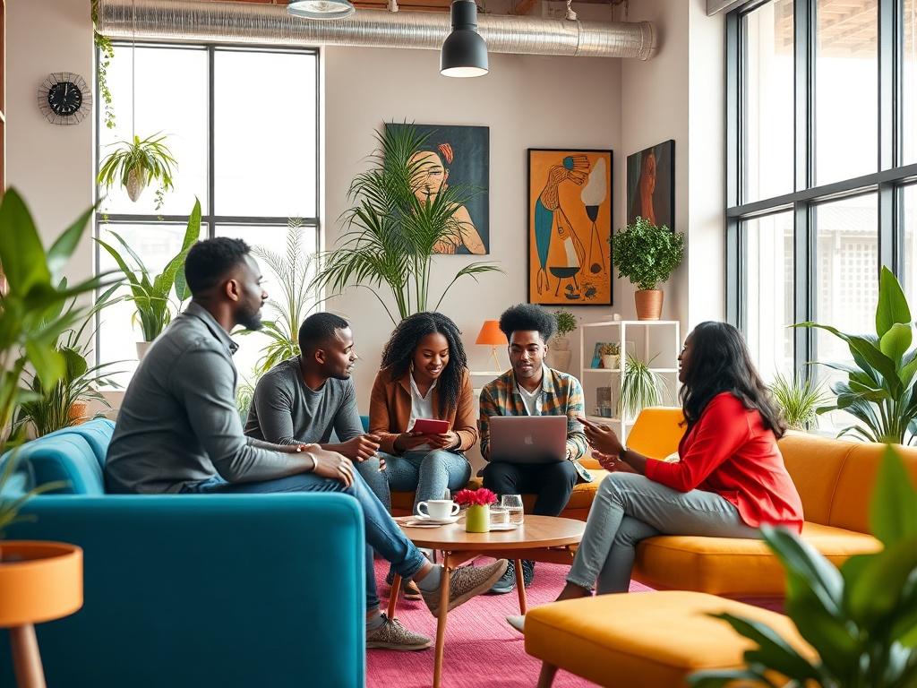 A vibrant co working space filled with diverse entrepreneurs collaborating