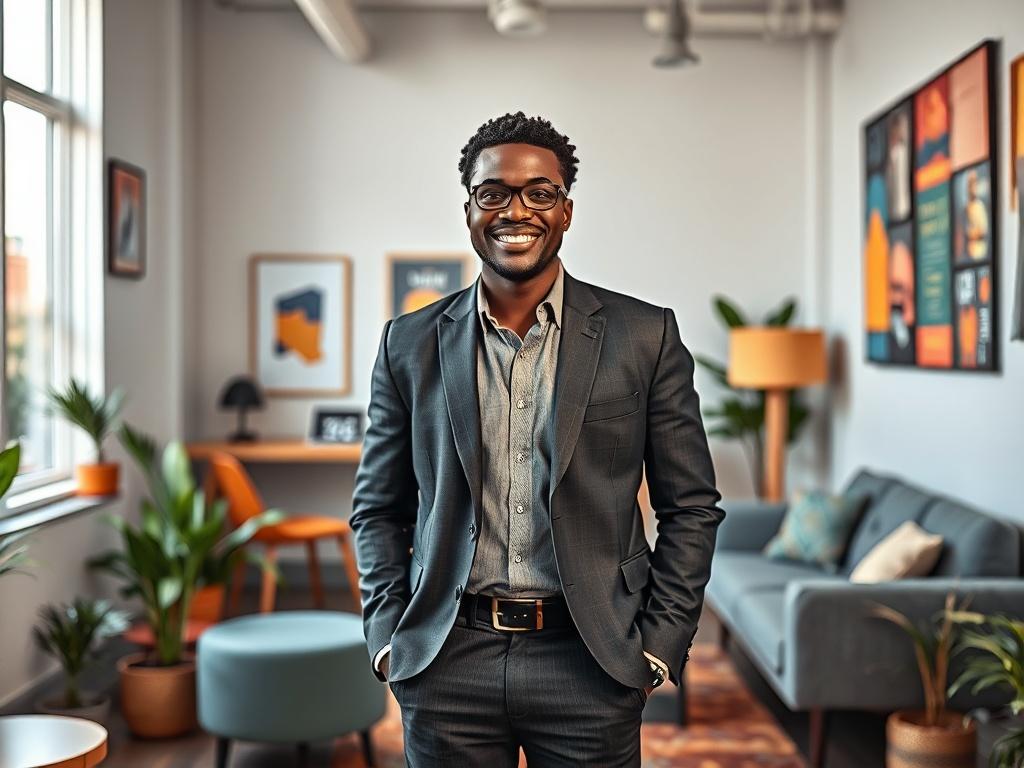 **AI Image Generation Prompt:**

Create a realistic high-resolution photo depicting a confident Black entrepreneur standing in a vibrant community space designed to support small businesses. The subject should be a well-dressed individual, smiling and engaging with the surrounding environment, which represents creativity and collaboration. 

The background should feature a welcoming community workspace with modern furnishings, subtle greenery, and a warm, inviting atmosphere. There should be elements like a