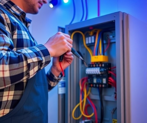 Professional electrician working on electrical panel