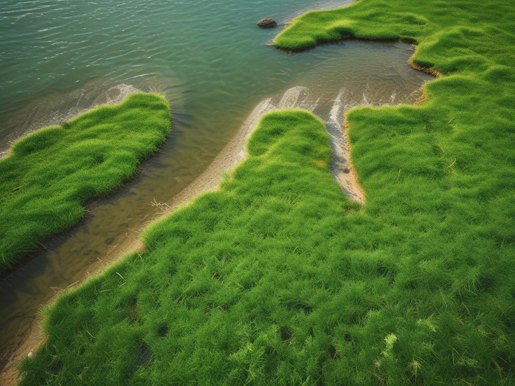 Aerial view of a lush seagrass meadow with clear blue