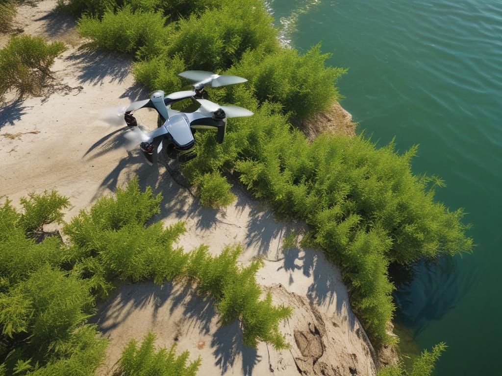 Close up of a drone surveying a coastal area, showcasing