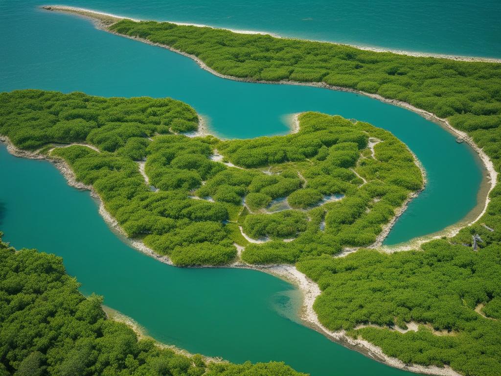 Aerial view of a vibrant coastal ecosystem with seagrass and