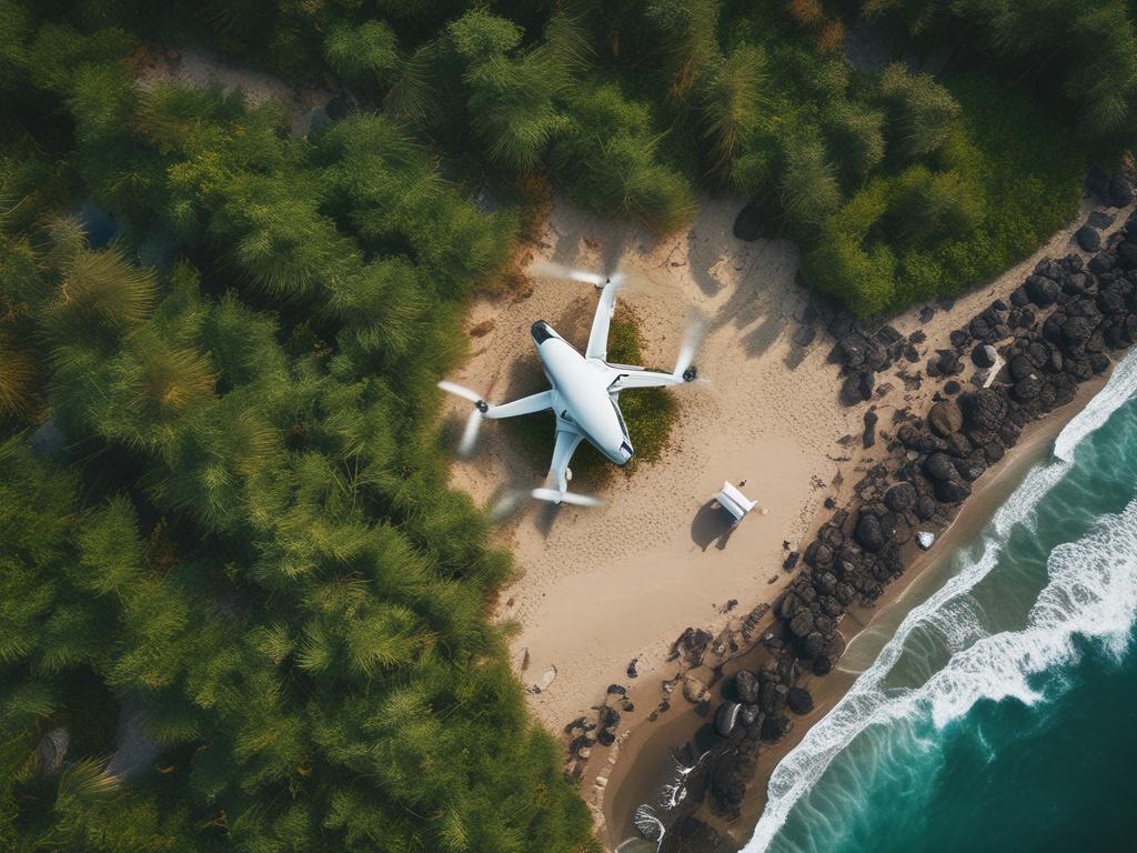 A researcher using drone technology in a coastal environment, with