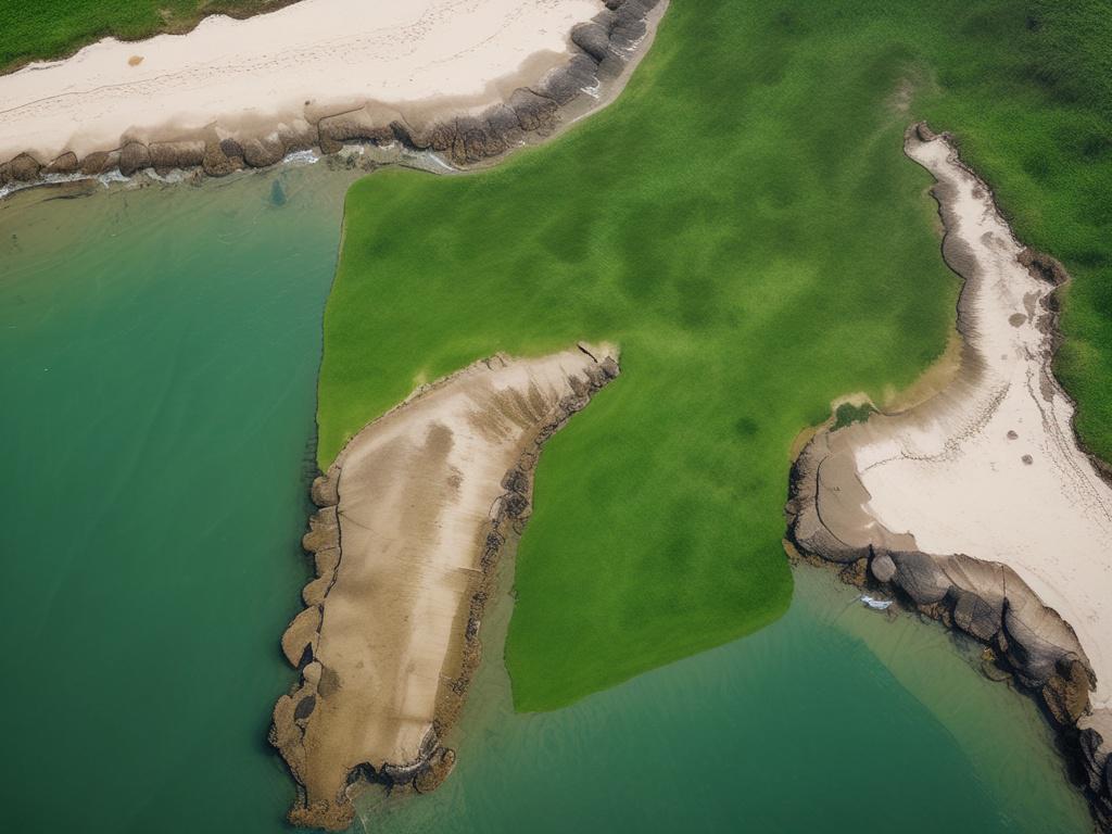 close up shot of seagrass meadows from above, vibrant greens,