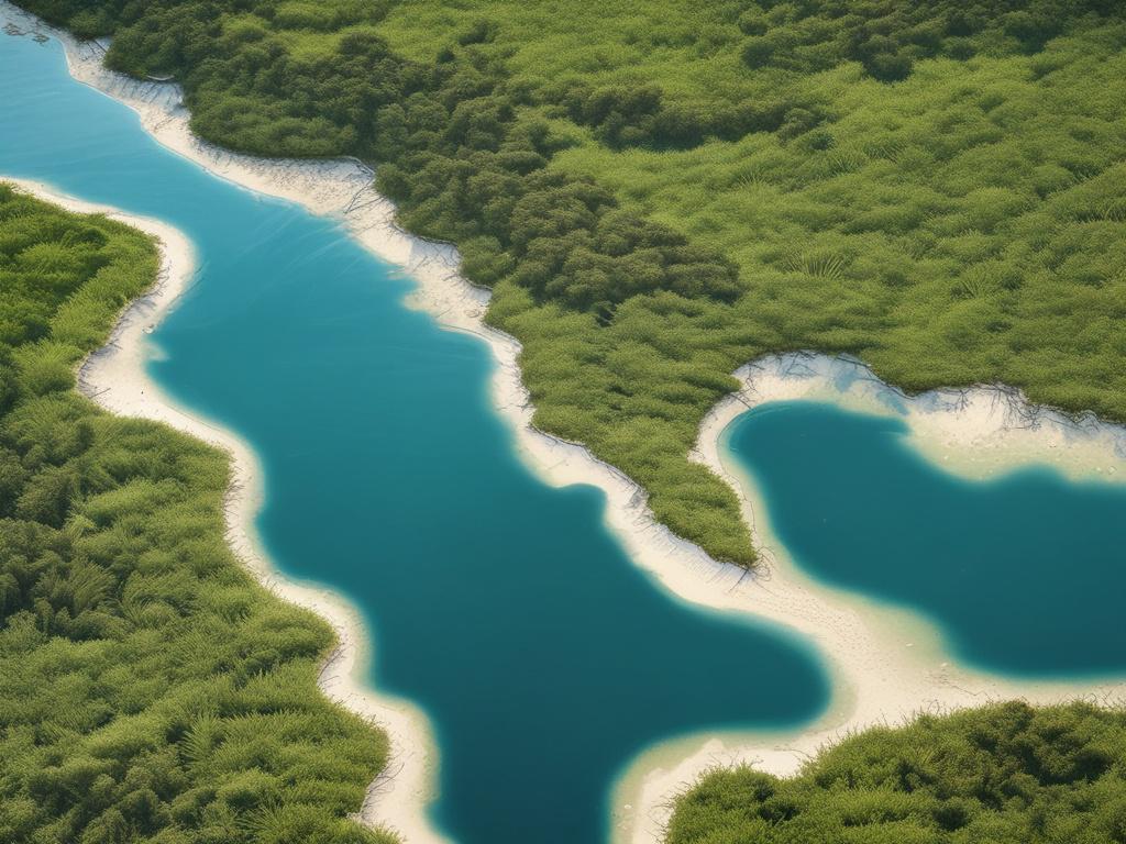 A detailed geospatial map showing coastal ecosystems with highlighted areas