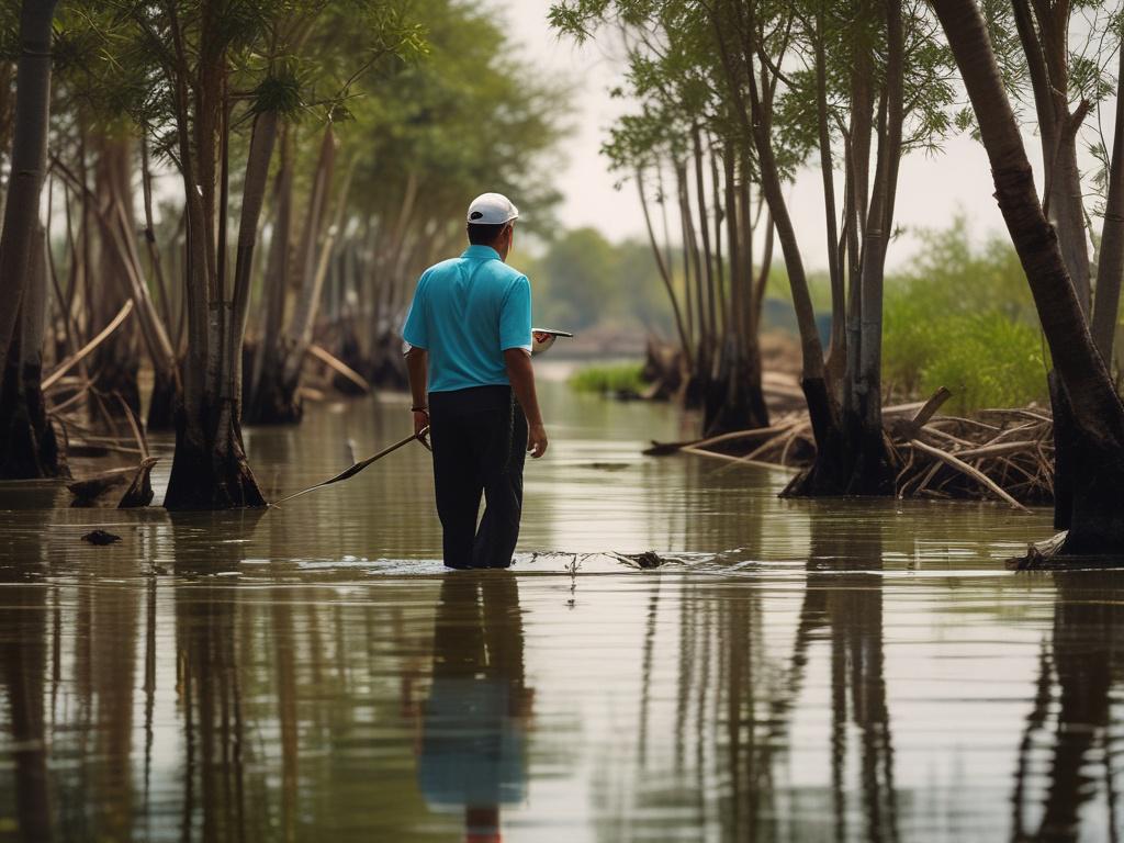 A professional conducting an environmental impact assessment on a coastal