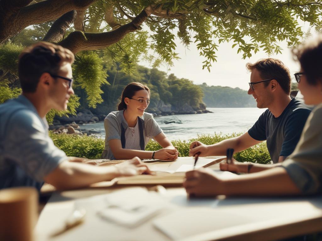 Conservation team discussing plans outdoors, lush coastal environment, sunny day,