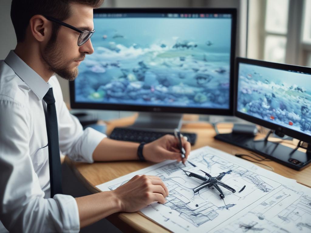 Marine biologist analyzing drone data on a computer, charts and