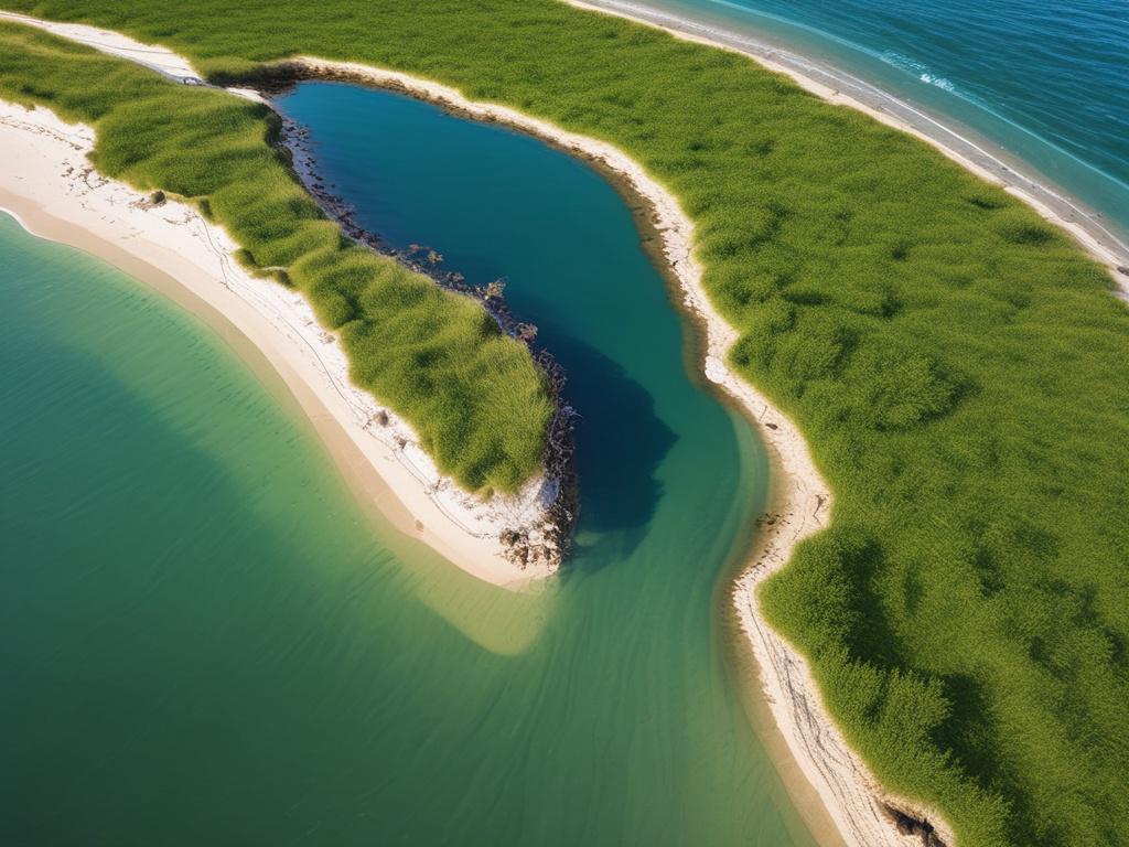 Aerial drone survey of coastal ecosystem, vibrant seagrass, clear blue