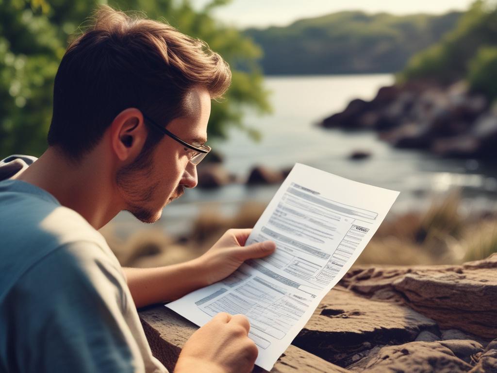 Environmental consultant reviewing impact assessment documents outdoors, coastal scenery, natural