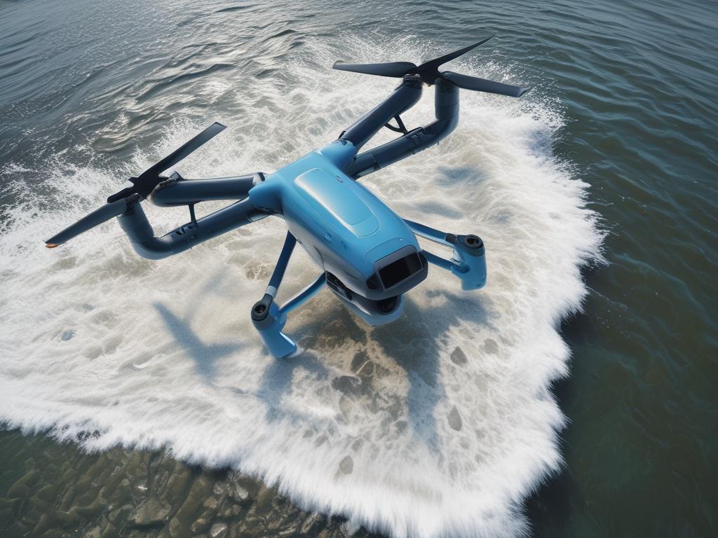 Create a stunning, high-resolution image that embodies the theme of "Harnessing Drone Technology for Marine Conservation." The composition should feature a single, state-of-the-art drone flying above a pristine coastal ecosystem, capturing high-resolution imagery. The drone should be depicted from a slightly elevated angle, showcasing its advanced features like multispectral cameras and sleek design. 

In the background, illustrate a vibrant seagrass meadow with clear turquoise waters, highlighting the rich