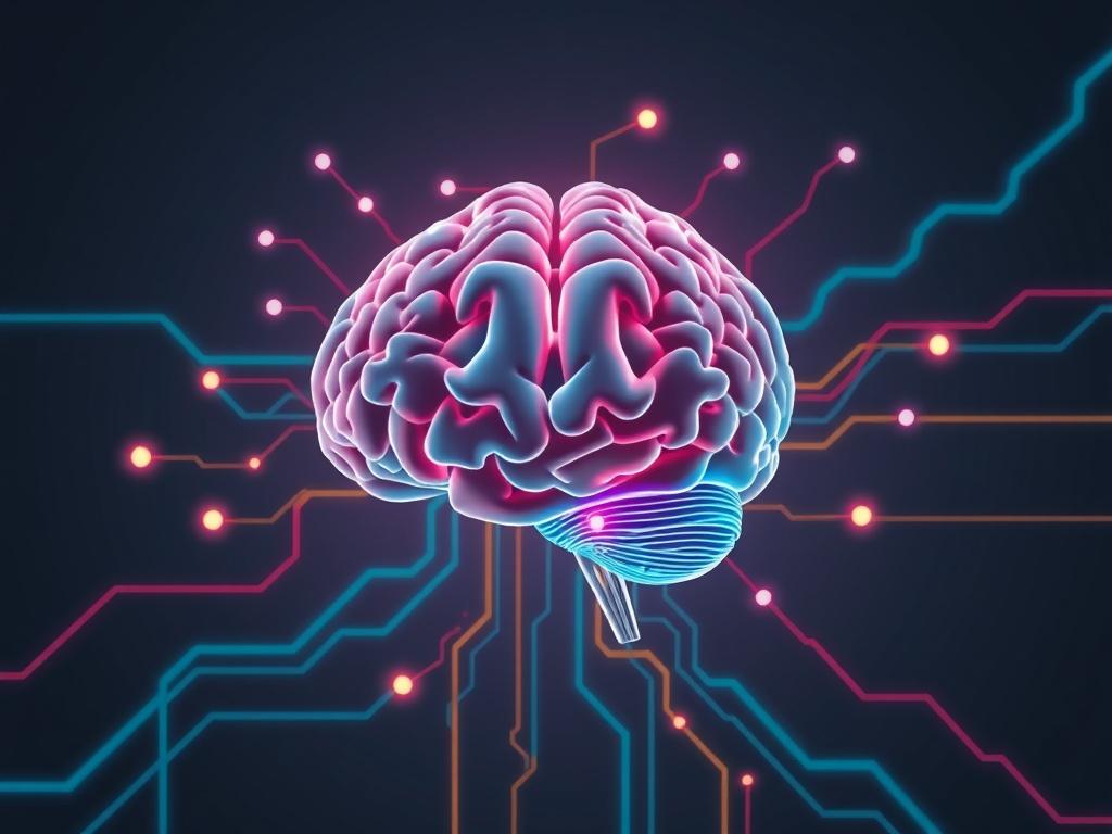A clean, futuristic illustration depicting colorful flowing lines representing data requests being routed through a stylized AI brain. The brain is central in the composition, with vibrant lines branching out towards different property managers. The background should be minimal and modern, featuring teal and dark grey accents to create a sleek and professional look.