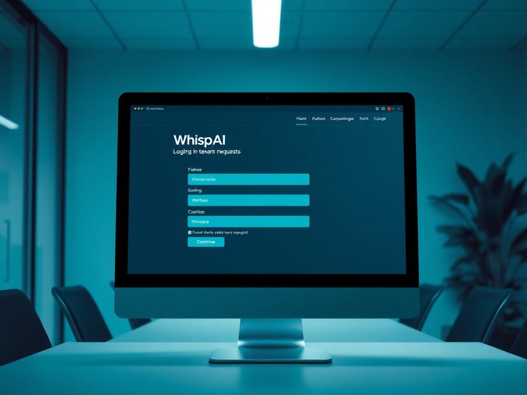 A realistic high-resolution photo of an online form on a computer screen, prominently displaying the label 'WhispAI' for logging tenant requests. The form should be sleek and modern, incorporating teal accent colors throughout the design. The background should be a simple, cool-toned office environment with shades of rich blues and soft grays, creating a calm and professional atmosphere. The computer screen should be the main focus, with clear visibility of the form elements.