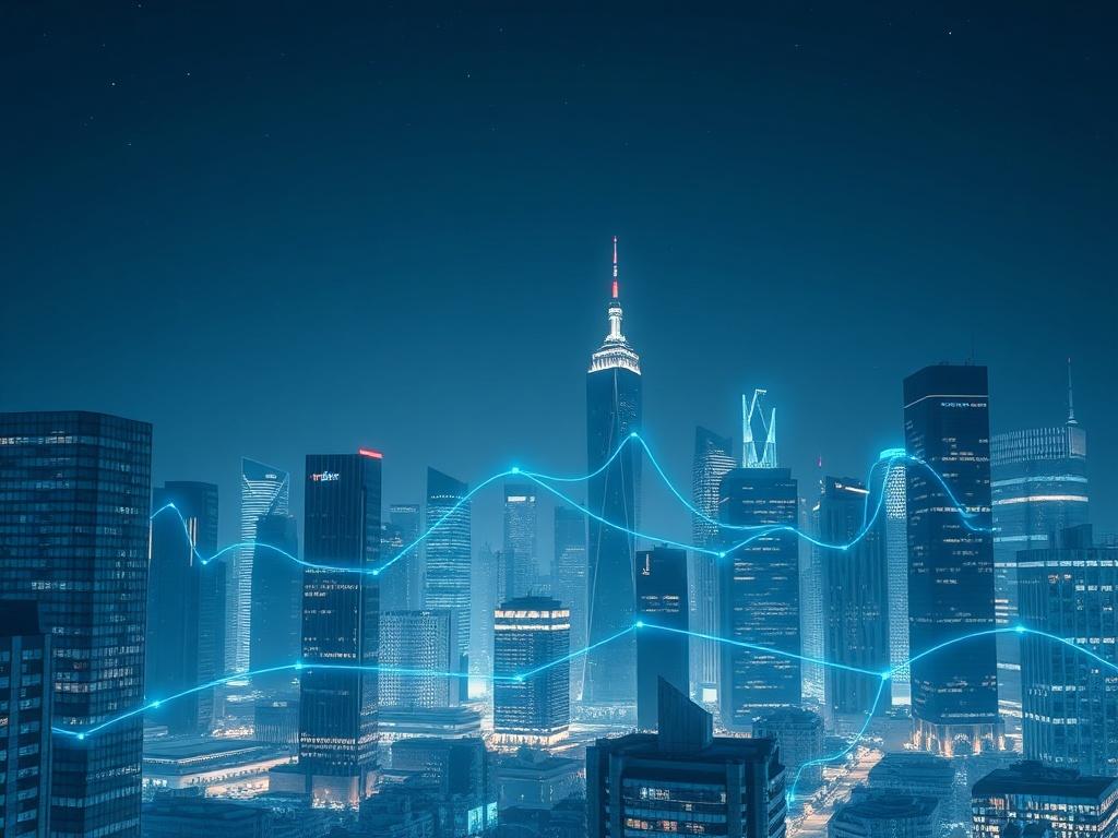 A photorealistic scene of a city skyline at night, showcasing a variety of modern buildings with reflective glass facades. The skyline should be illuminated with soft lighting, and glowing teal digital lines should connect the buildings, symbolizing communication and integrations. The atmosphere should be futuristic yet maintain a real-world feel, with a clear night sky and stars visible above.