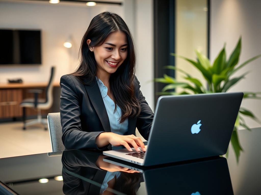 A businesswoman sitting confidently at a sleek modern desk, focused on her laptop. She has long dark hair, wearing professional attire, with a warm smile as she engages with the screen. The background is a stylish office space, featuring minimalistic decor and a hint of greenery from a nearby plant. The image is shot with a 45mm f/1.2 lens, emphasizing the businesswoman in sharp detail while softly blurring the background. The colors are vibrant, compatible with the rgb(40, 178, 191) primary color.