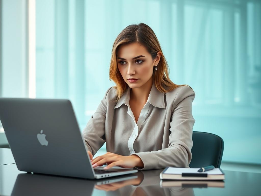 A woman sitting at a modern desk, focused on her laptop. She has a serious expression, indicating concentration. The background is minimalistic and futuristic, with soft teal accents that complement the overall color scheme. The desk is tidy, and there are a few professional items like a notebook and a pen nearby. The lighting is bright and natural, creating a professional atmosphere.