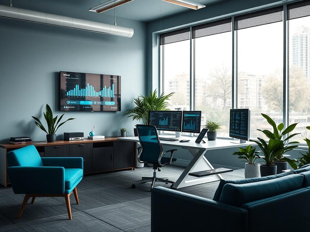 A hyper-realistic, close-up shot of a modern office space where WhispAI operates. The office features sleek, minimalist furniture in shades of teal and dark grey. A large window allows natural light to flood in, highlighting a modern desk with a high-end computer setup. A few potted plants add a touch of greenery, and a digital screen displays data analytics. The atmosphere is professional yet inviting, showcasing a tech-savvy environment.