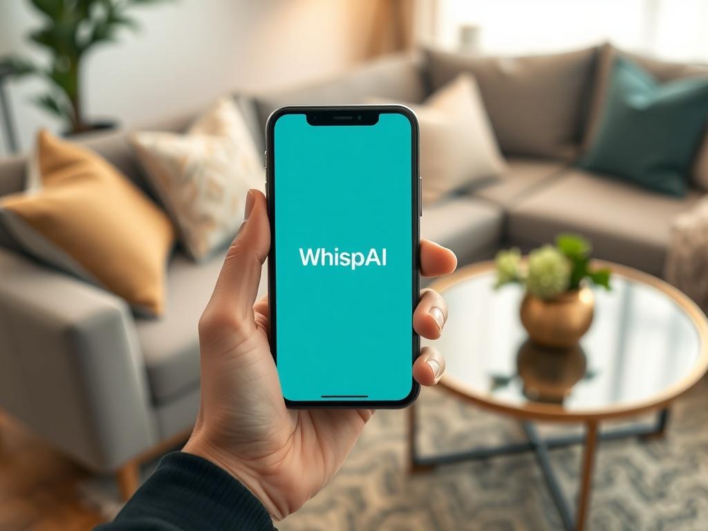 A close-up shot of a hand holding a smartphone displaying the WhispAI logo in teal on the screen. The background features modern furniture, including a stylish couch and a decorative coffee table, creating a cozy and contemporary interior setting. The focus is on the phone, with the furniture softly blurred to emphasize the device.