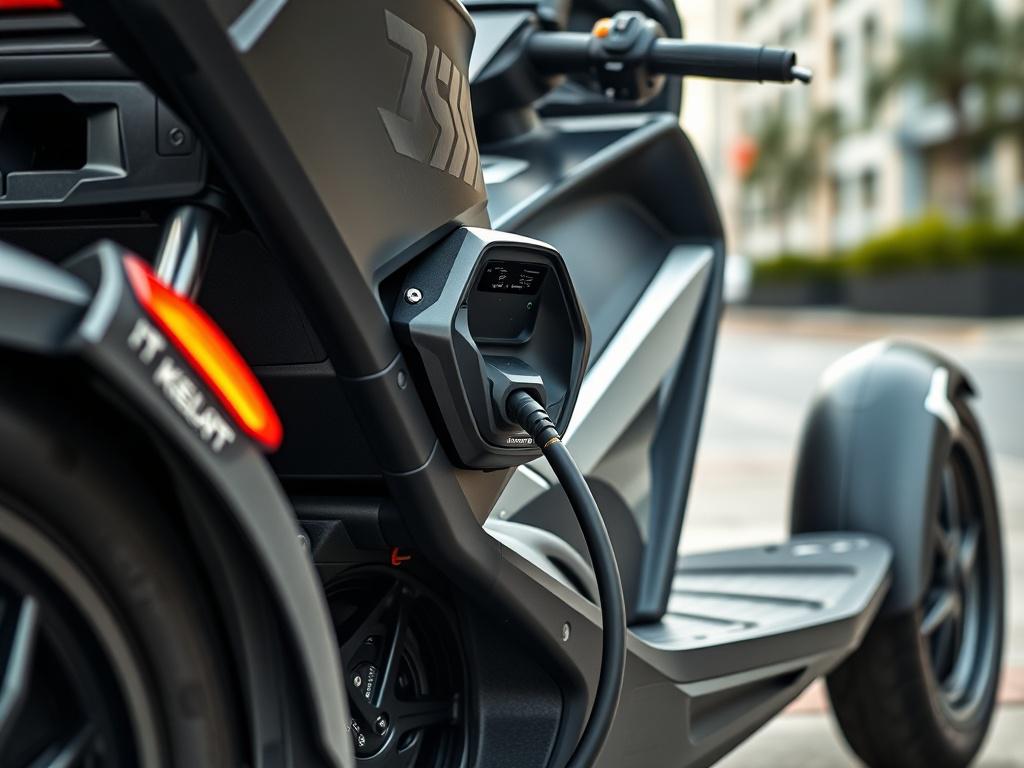 A hyper-realistic close-up photo of an electric 3-wheeler showcasing the fast charging port, taken with a 45mm f/1.2 lens style. The vehicle is sturdy and functional, set against a clean urban environment with the primary color rgb(50, 170, 39) accentuating parts of the frame and charging station.