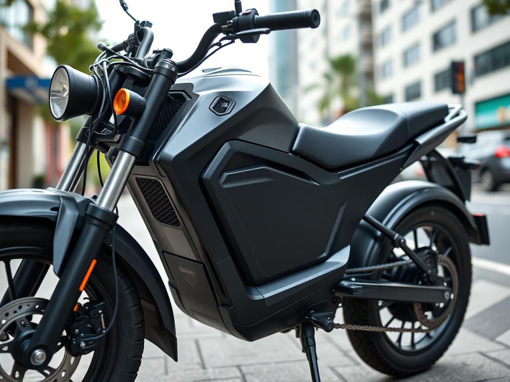 A hyper-realistic close-up shot of an electric 2-wheeler focusing on the swappable battery compartment, captured with a 45mm f/1.2 lens style. The vehicle is sleek and modern, positioned against a softly blurred urban street background with the primary color rgb(50, 170, 39) subtly reflected on the bike's frame.
