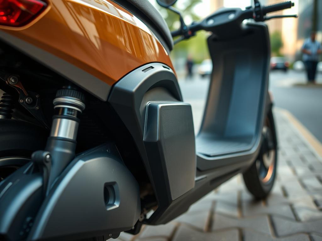 A hyper-realistic close-up shot of a compact electric 2-wheeler focused on the battery swap mechanism, captured with a 45mm f/1.2 lens style. The vehicle exudes a modern, stylish look, positioned on a city sidewalk with subtle reflections of the primary color rgb(50, 170, 39) on its bodywork.