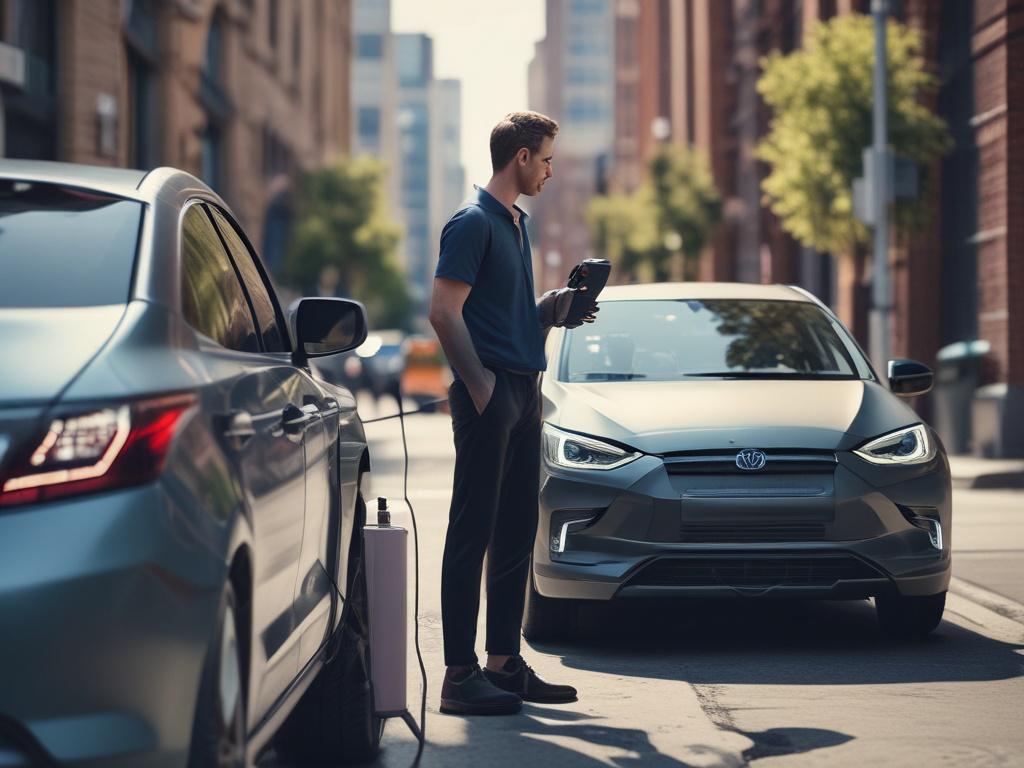 A close-up shot of a battery swapping station with a technician exchanging a battery in an electric vehicle. The background features an urban landscape, subtly out of focus to emphasize the action. Captured with a 45mm f/1.2 lens style, showcasing the details of the station and vehicle, in harmony with rgb(50, 170, 39).