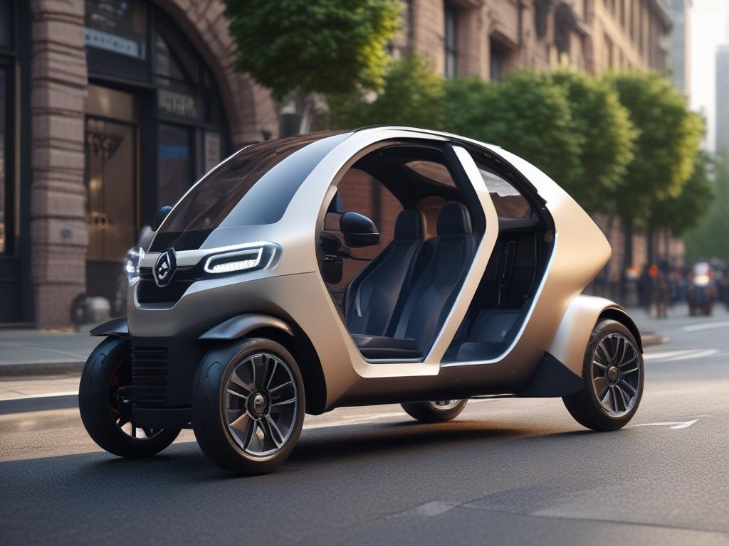 A close-up shot of a modern electric 3-wheeler, highlighting its spacious seating and design features. The background is a lively urban environment, slightly blurred to focus on the vehicle. Shot with a 45mm f/1.2 lens style, emphasizing the details and color of the electric vehicle, aligned with rgb(50, 170, 39).