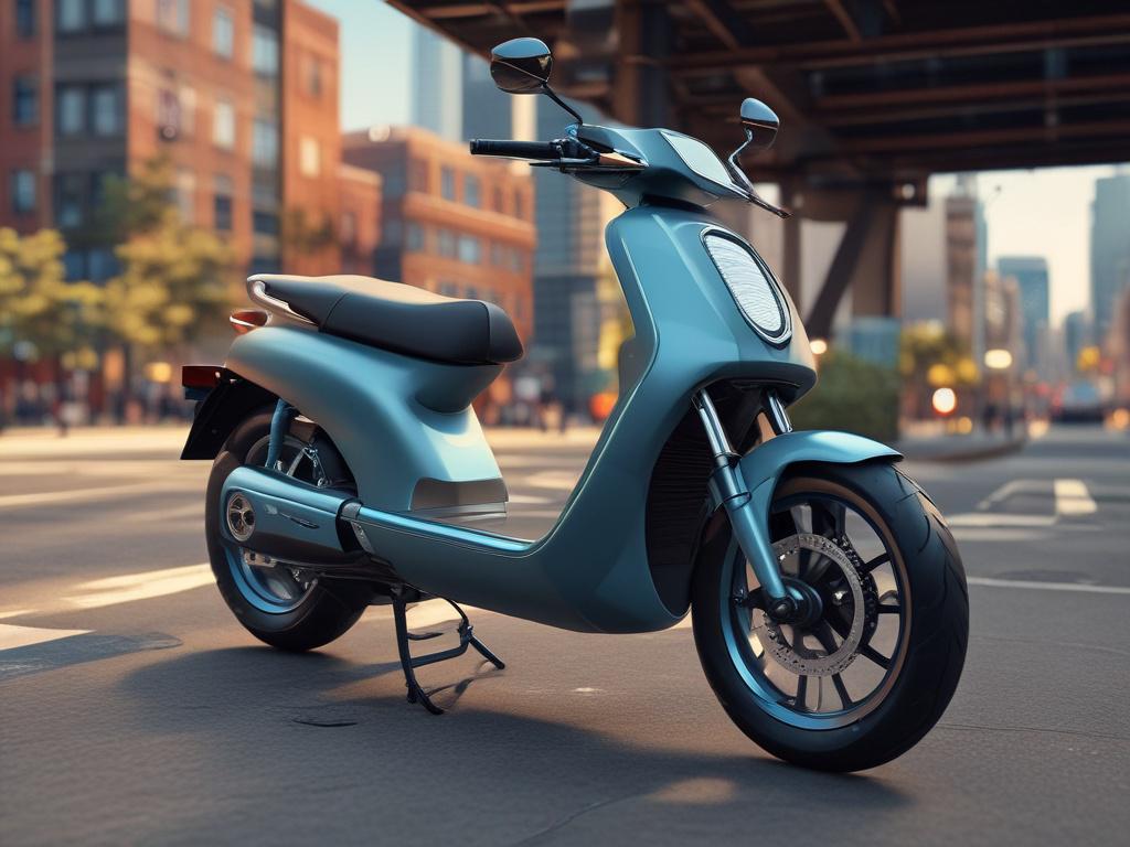A close-up shot of a sleek electric 2-wheeler in an urban setting, showcasing its modern design and swappable battery feature. The background is a vibrant cityscape, slightly blurred to emphasize the vehicle. Shot with a 45mm f/1.2 lens style, highlighting the vehicle's details and colors, compatible with rgb(50, 170, 39).