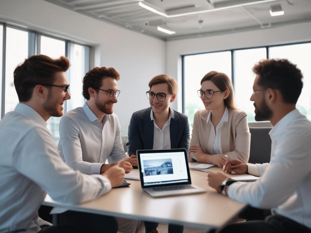 high-resolution close-up shot of a SaaS company team discussing strategy in a modern office, focus on one person presenting with a laptop, clean and professional background.