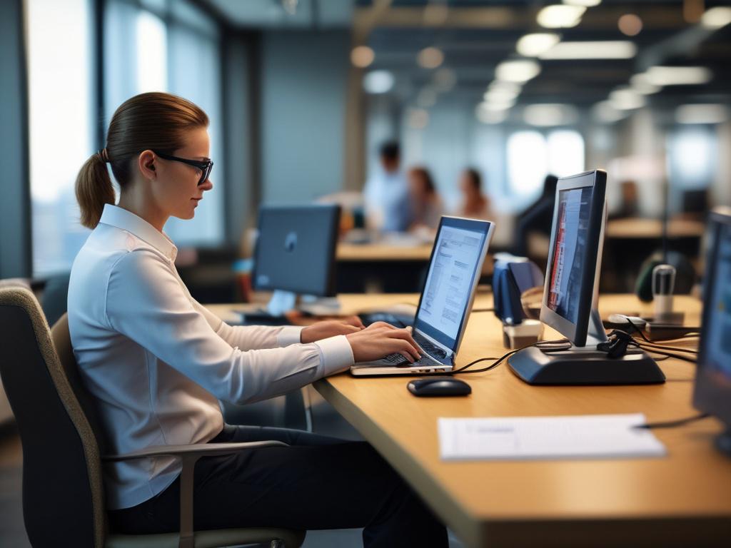 high-resolution close-up shot of travel industry professionals in an office setting, showcasing collaboration and networking, focus on one person engaging on a laptop, background with travel-related items.